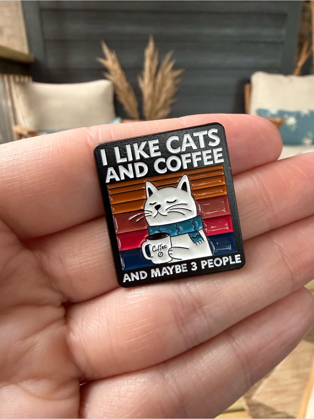 I Like Cats and Coffee Enamel Pin – White Cat on Multicolor Stripes